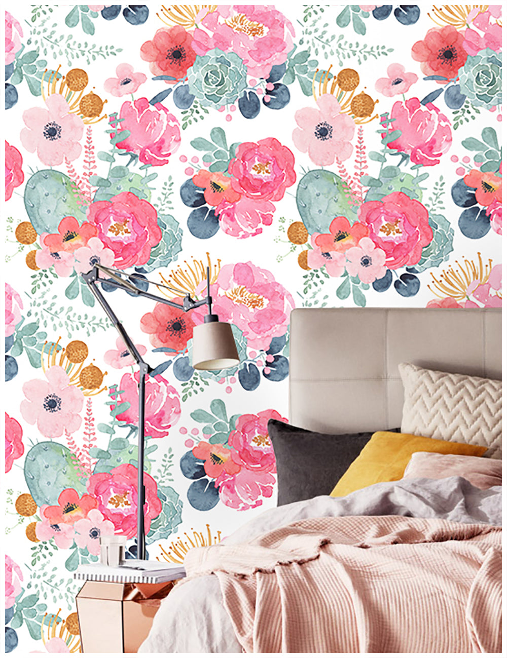 HaokHome 93005-2 Cute Watercolor Peony and Cactus Wallpaper Peel and Stick Floral Wallpaper White/Pink/Green