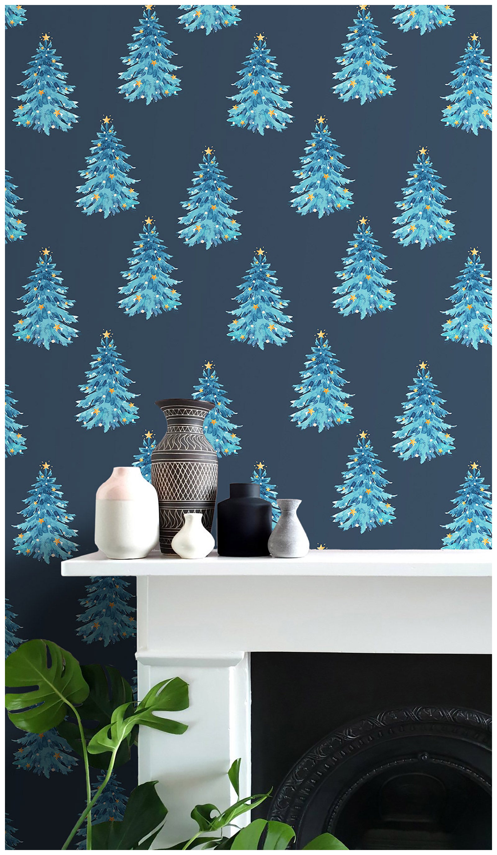 HaokHome 99028 Dreaming Christmas Wallpaper Watercolor Blue Christmas Tree and Stars, Holiday Wall Decorations