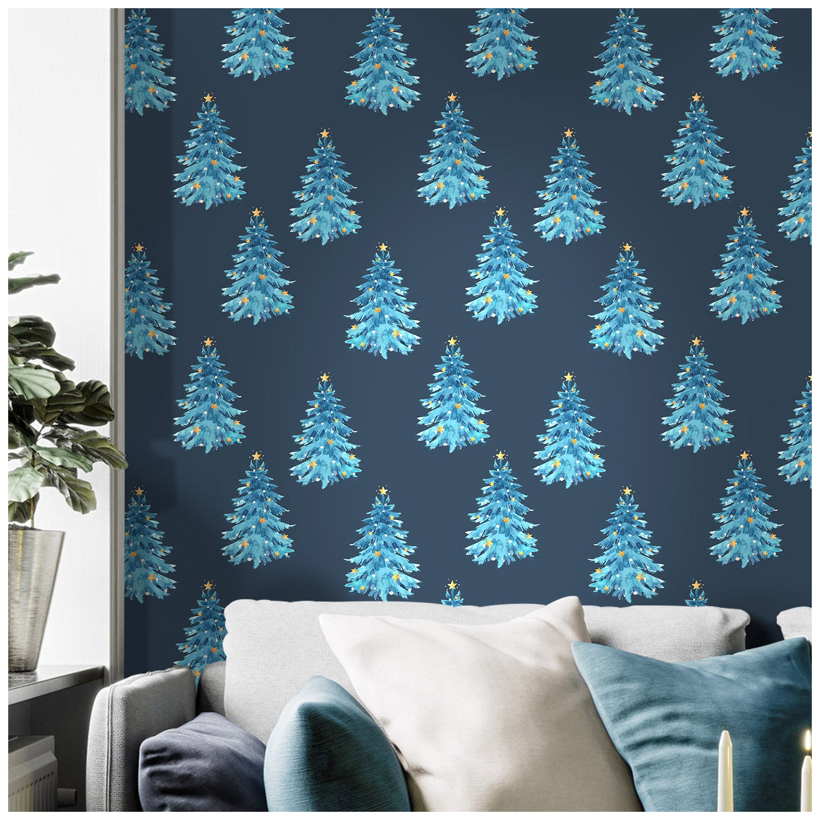 HaokHome 99028 Dreaming Christmas Wallpaper Watercolor Blue Christmas Tree and Stars, Holiday Wall Decorations