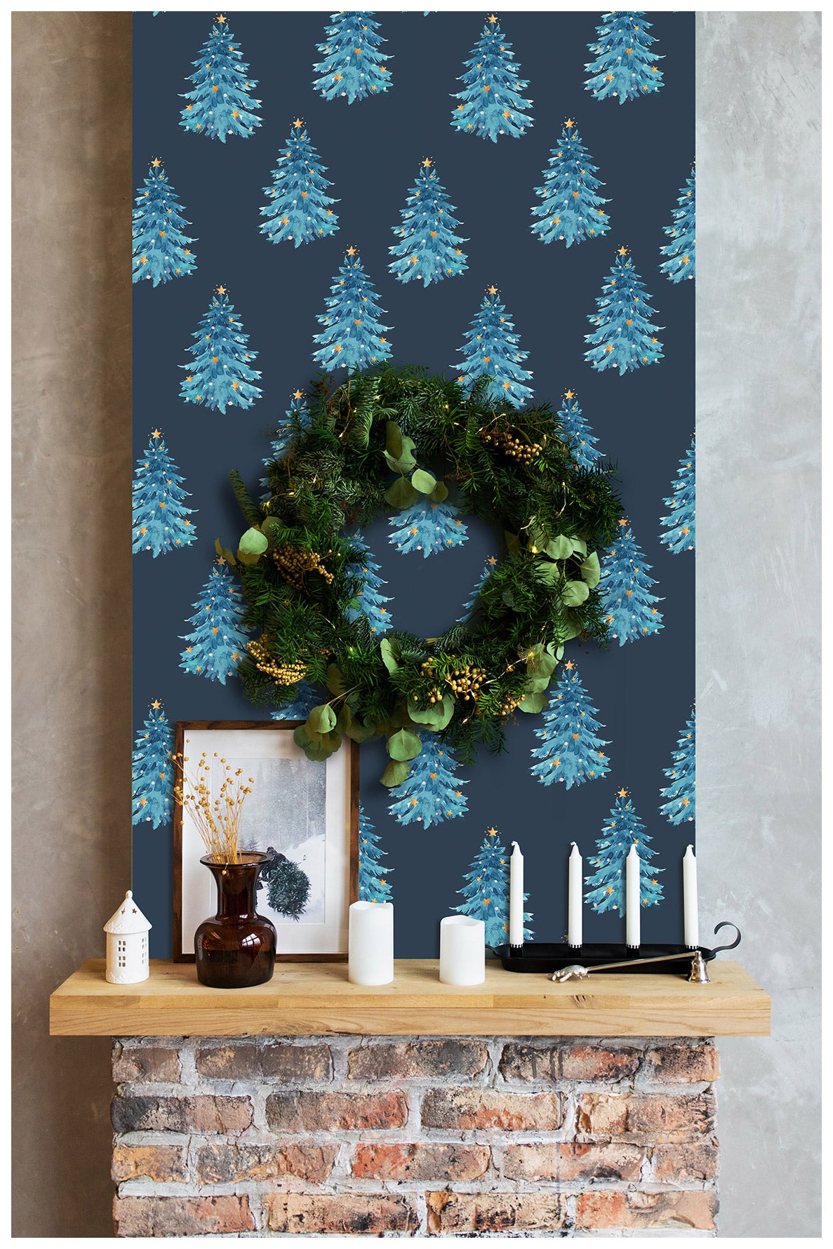 HaokHome 99028 Dreaming Christmas Wallpaper Watercolor Blue Christmas Tree and Stars, Holiday Wall Decorations