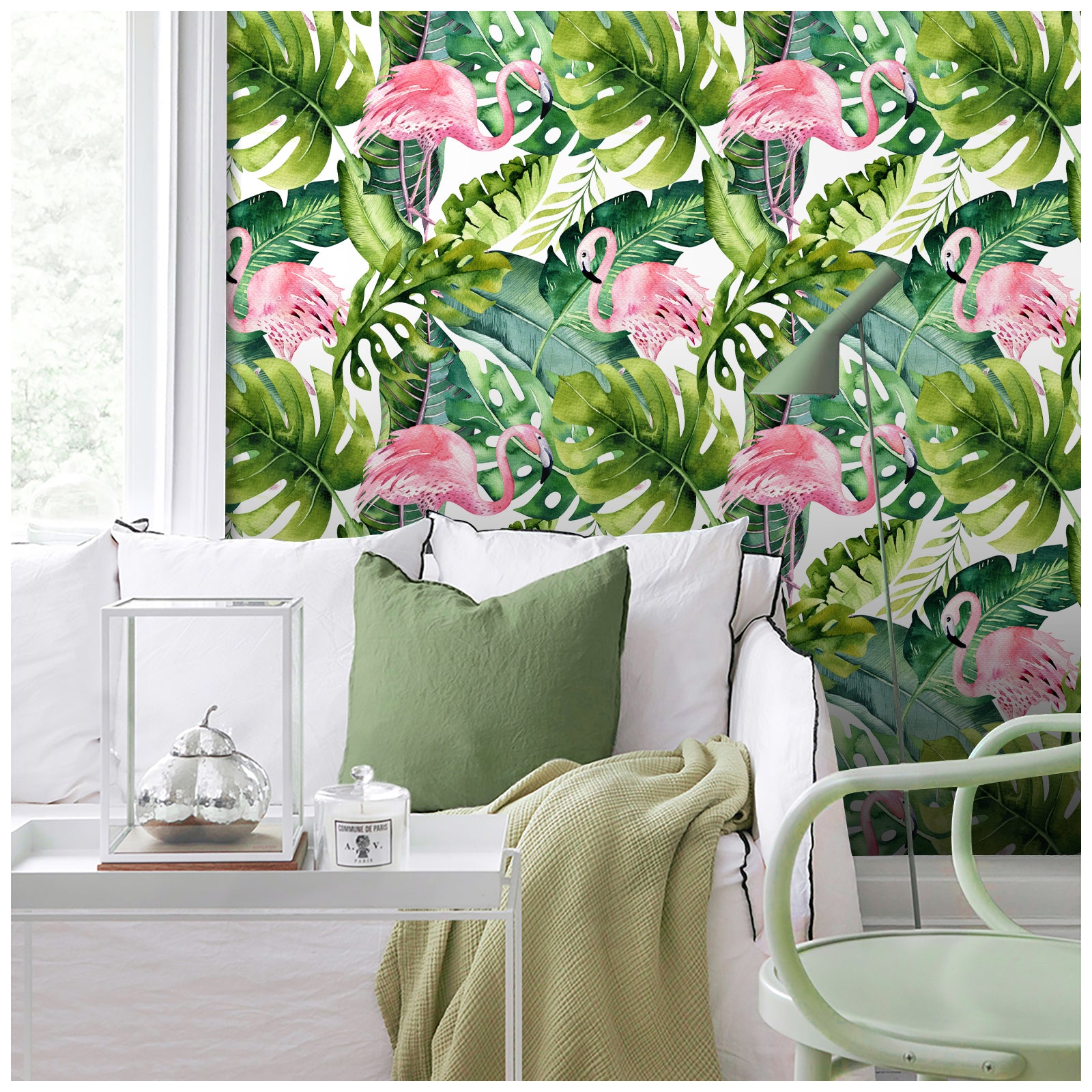 HaokHome 93013 Flamingo Peel and Stick Wallpaper Tropical Forest Animal Birds Wallpaper for Bedroom