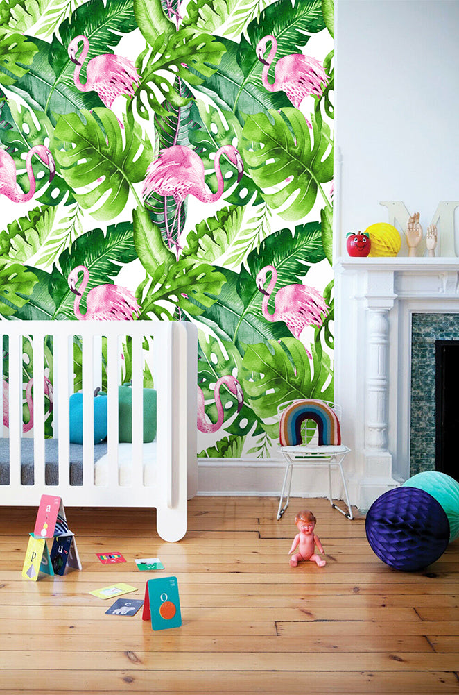 HaokHome 93013 Flamingo Peel and Stick Wallpaper Tropical Forest Animal Birds Wallpaper for Bedroom