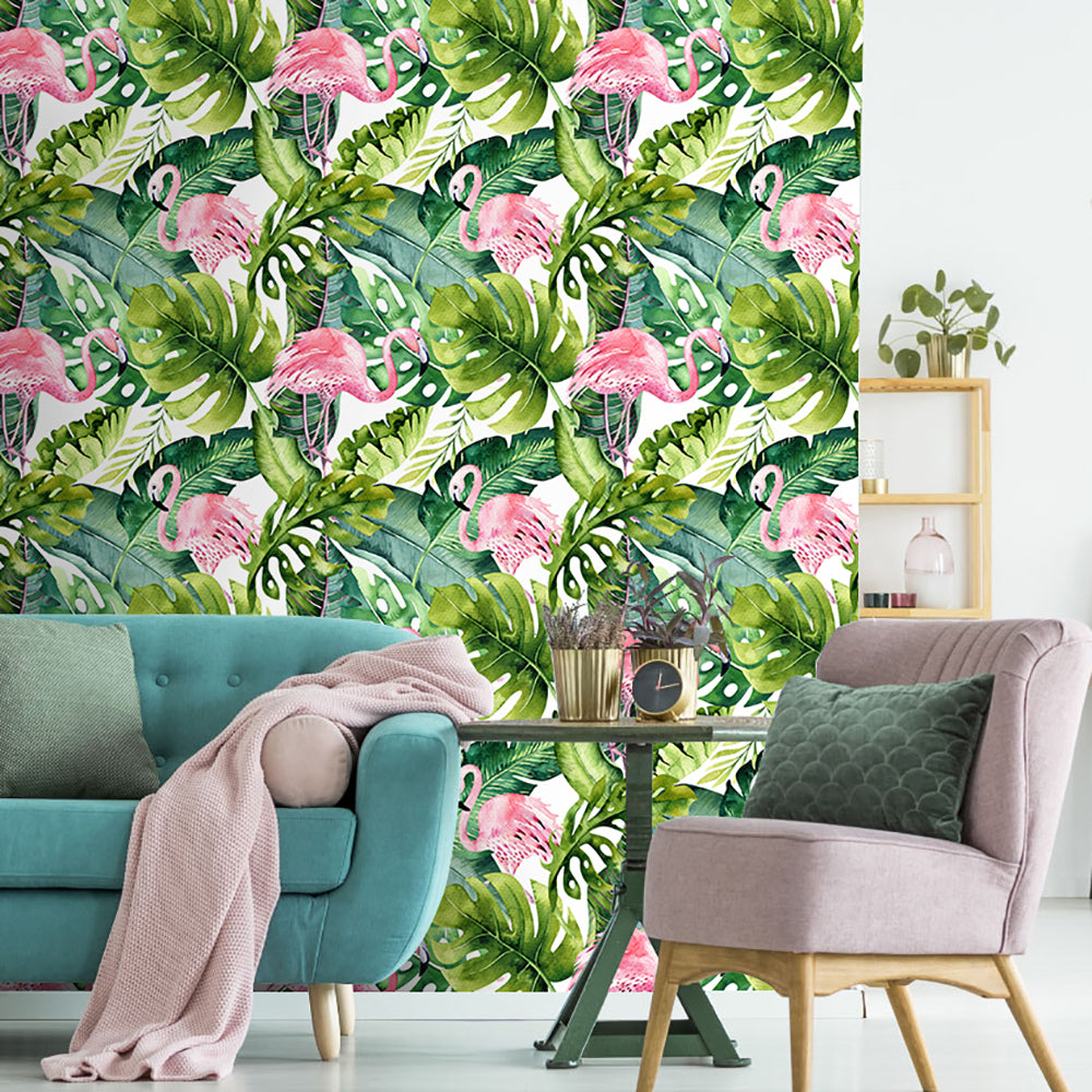 HaokHome 93013 Flamingo Peel and Stick Wallpaper Tropical Forest Animal Birds Wallpaper for Bedroom