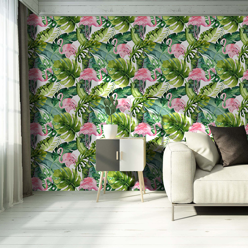 HaokHome 93013 Flamingo Peel and Stick Wallpaper Tropical Forest Animal Birds Wallpaper for Bedroom