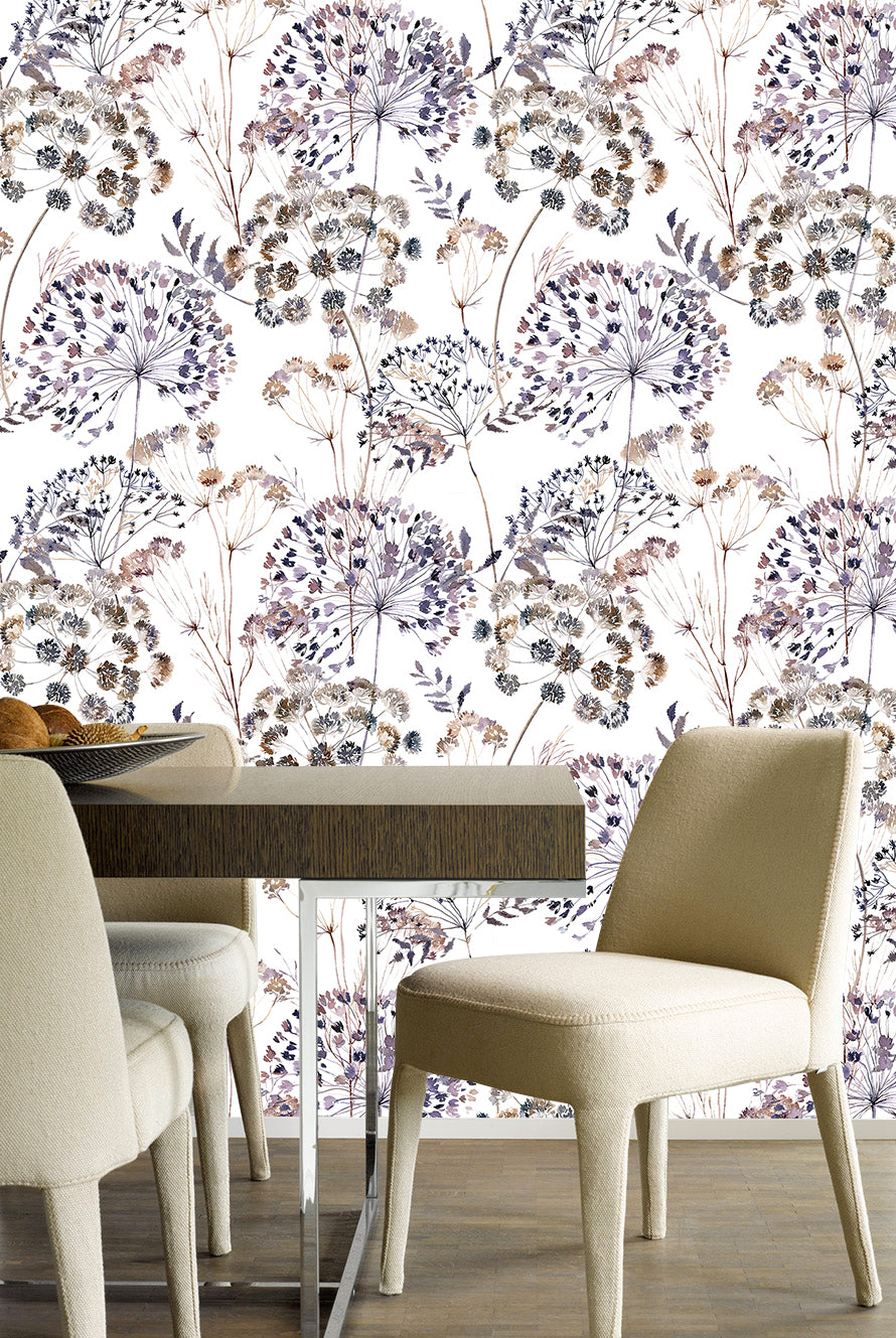 HAOKHOME 93265 Floral Peel and Stick Wallpaper Retro Removable White/Purple/Brown Stick on Wild Contact Paper