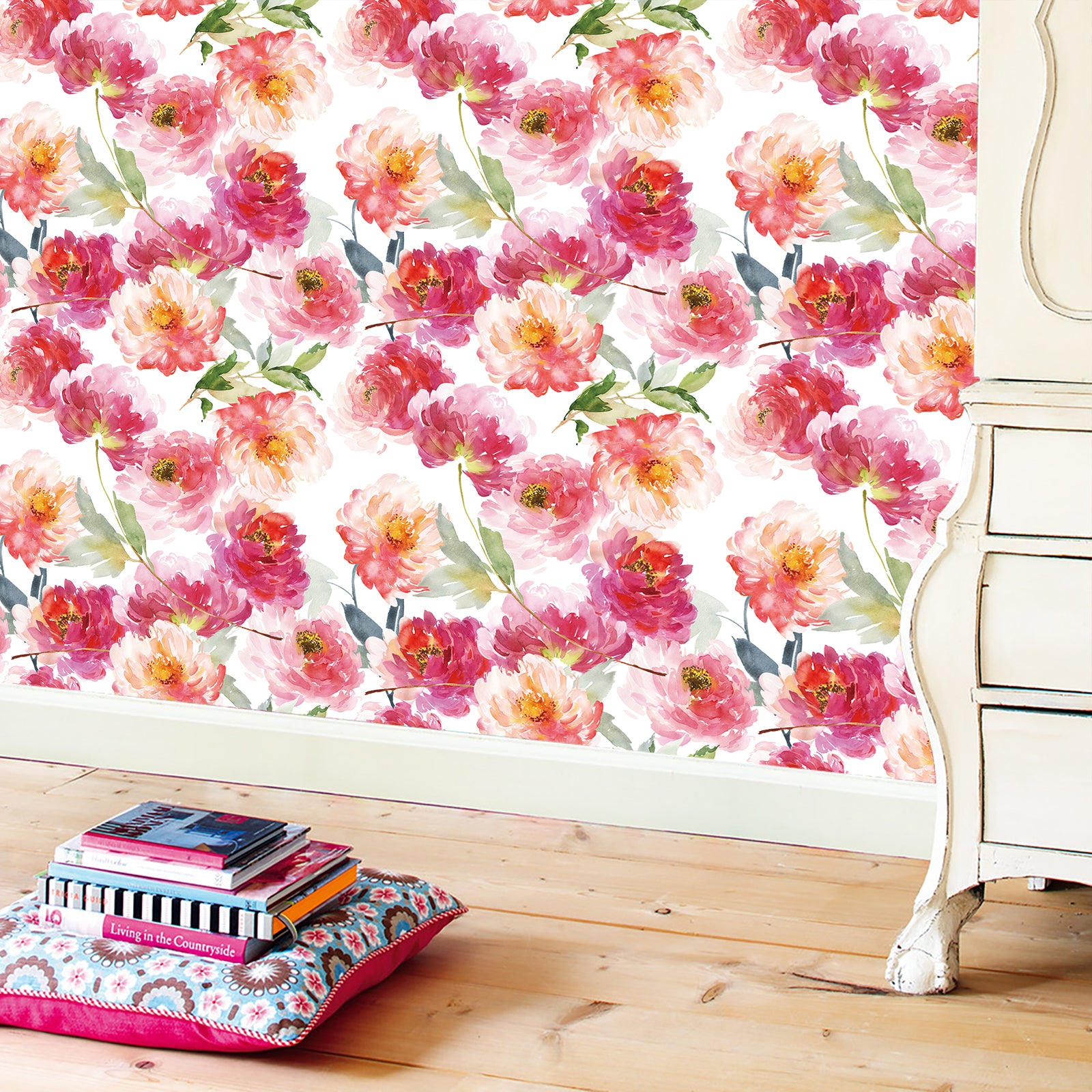 Floral Peel and Stick Wallpaper Sticker Pull Stick Contact Paper for Walls Pink Red Peony Vintage Wallpaper