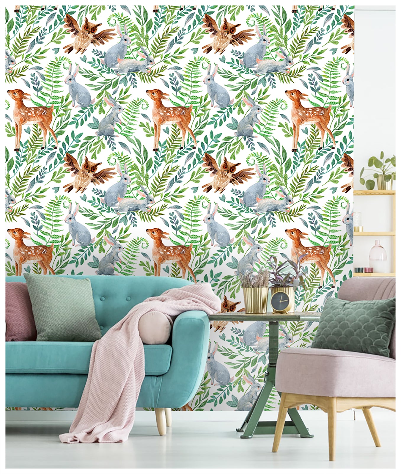HaokHome 93085 Forest Wallpaper Fairy Animals Peel and Stick Wallpaper with Deer Rabbit Owl Patterned Kids Wallpaper