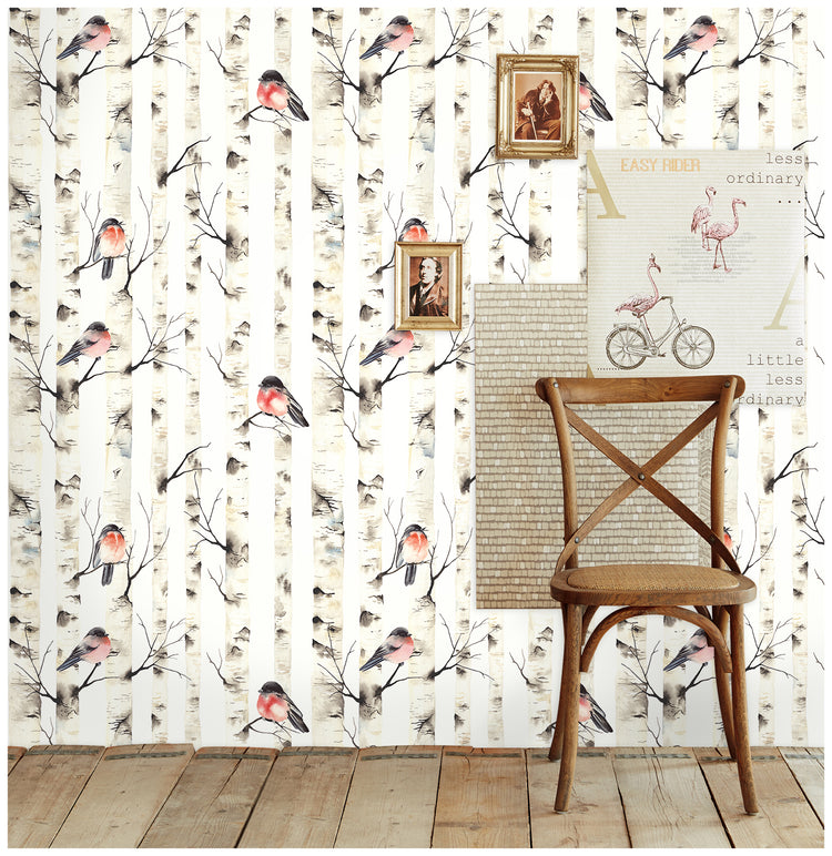 Birch Tree Peel and Stick Wallpaper Forest Birds Mural White/Beige Wall Paper Sticker