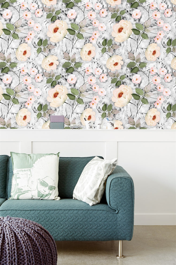 Grey Removable Wallpaper Peel and Stick Flowers Leaf Floral Wall Paper Sticker Pull and Stick