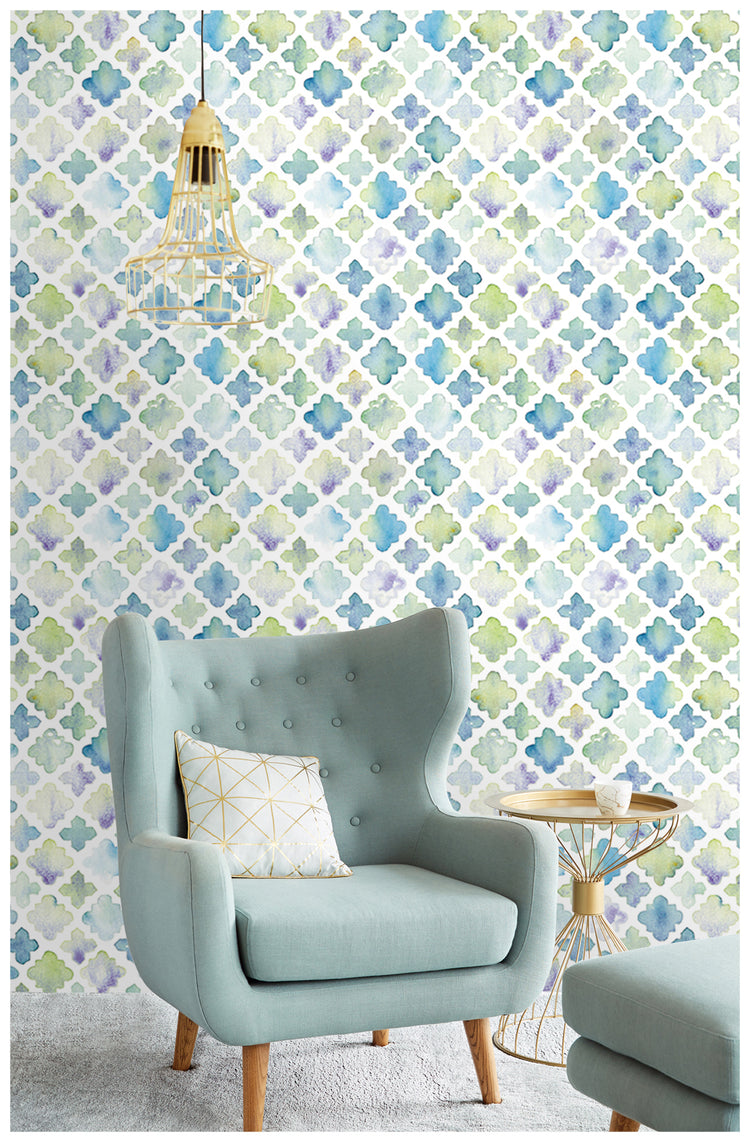 Geometric Peel and Stick Wallpaper Tiles Blue Green White Watercolor Trellies Murals Wall Paper