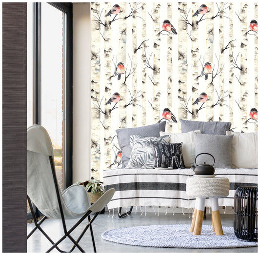 HaokHome 92075 Birch Tree Peel and Stick Wallpaper Forest Birds Mural White/Beige Wall Paper Sticker