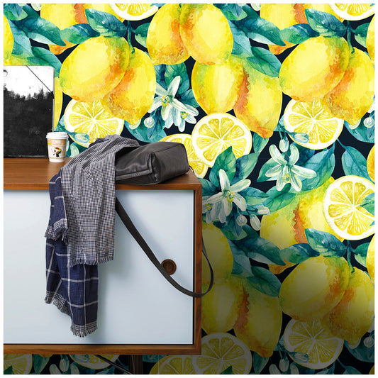 HaokHome 93036 Summer Lemon Tree Wallpaper Peel and Stick Boho Fruit Textured Wall Paper Removable for Bedroom Nursery Decorations, Green/Yellow