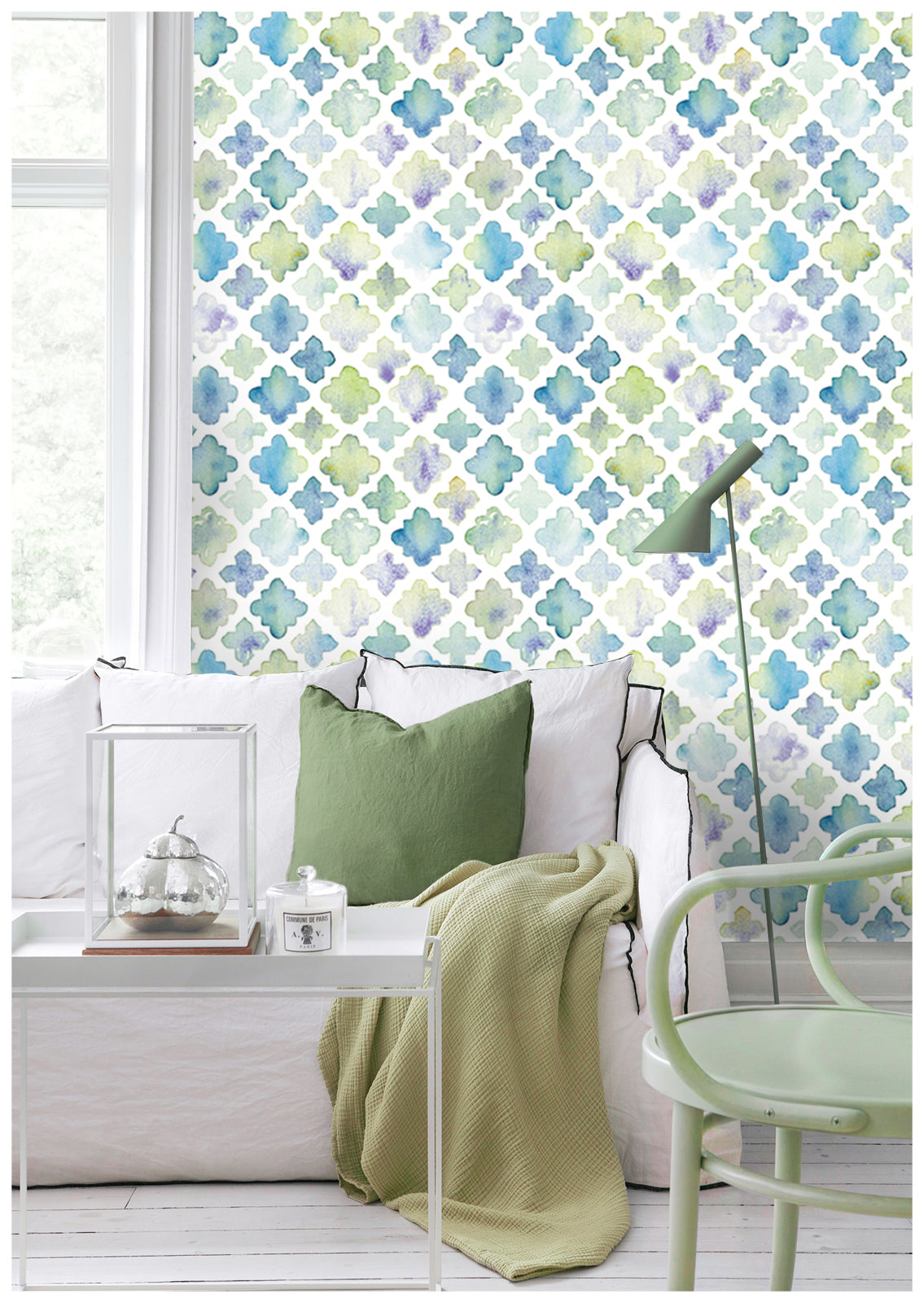 Geometric Peel and Stick Wallpaper Tiles Blue Green White Watercolor Trellies Murals Wall Paper