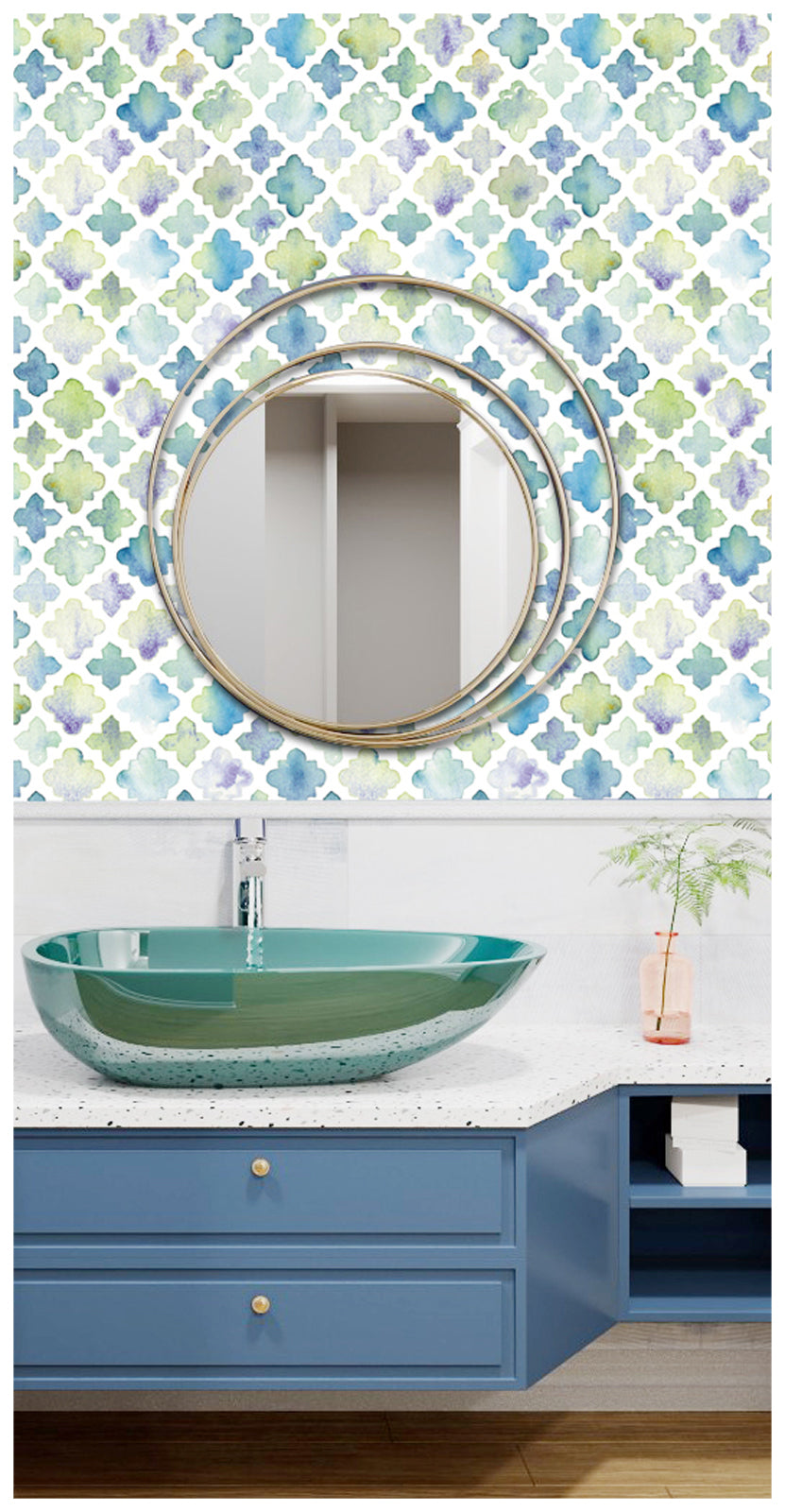 Geometric Peel and Stick Wallpaper Tiles Blue Green White Watercolor Trellies Murals Wall Paper