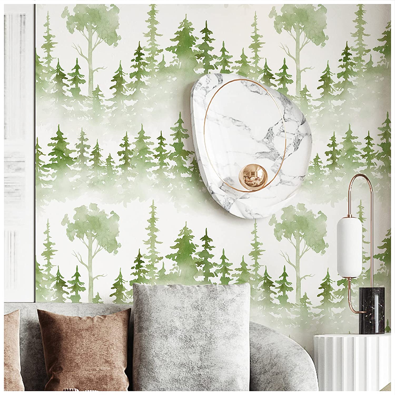 HaokHome 93131 Green Forest Peel and Stick Wallpaper Boho Tree Removable Contact Wallpaper