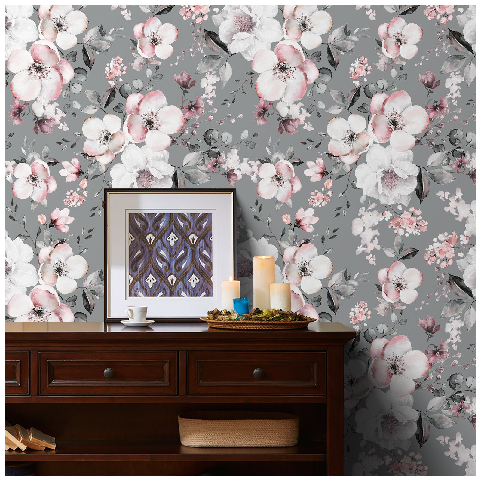 HaokHome 93170-2 Grey/Pink Floral Peel and Stick Wallpaper Self Adhesive Mural Decorations