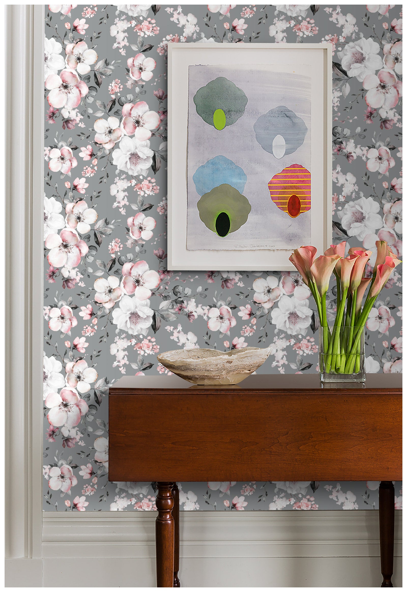 HaokHome 93170-2 Grey/Pink Floral Peel and Stick Wallpaper Self Adhesive Mural Decorations