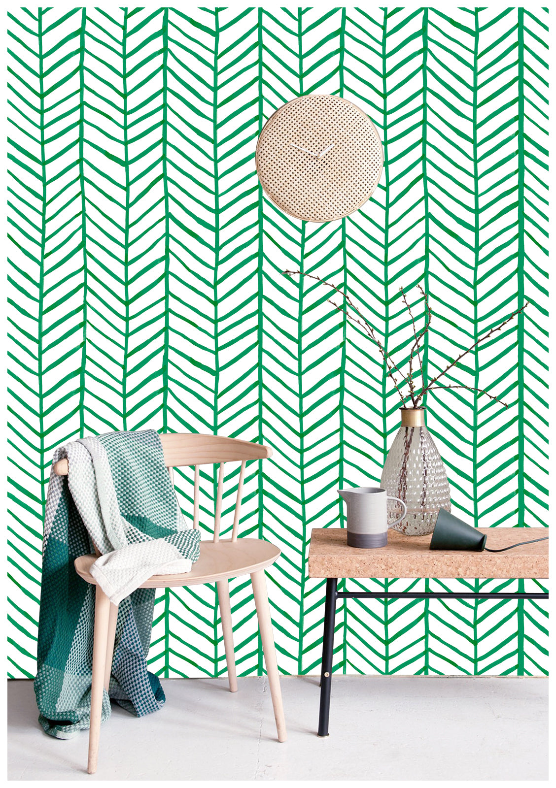 Herringbone Stripe Wallpaper Boho Minimalist Wall Paper Sticker Pull and Stick Green for Bathroom Walls