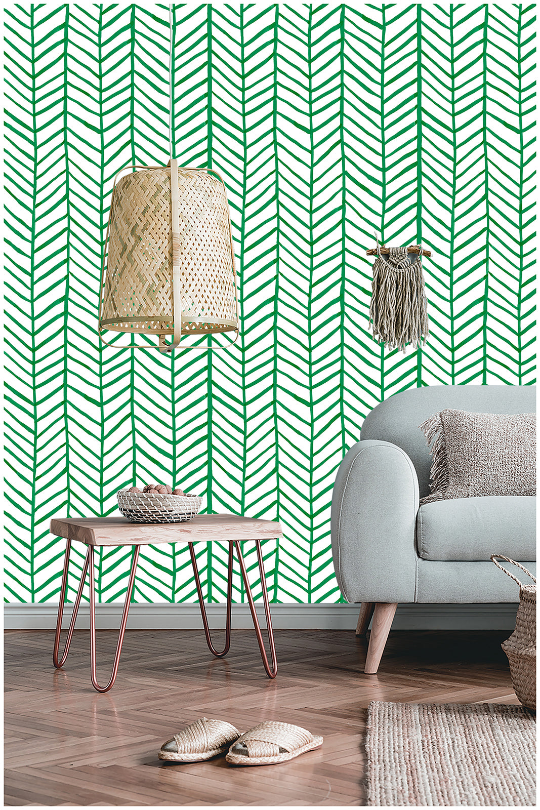 Herringbone Stripe Wallpaper Boho Minimalist Wall Paper Sticker Pull and Stick Green for Bathroom Walls