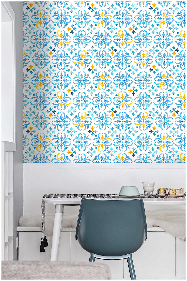 Watercolor Wallpaper Peel and Stick Wallpaper Blue Tiles Wall Paper