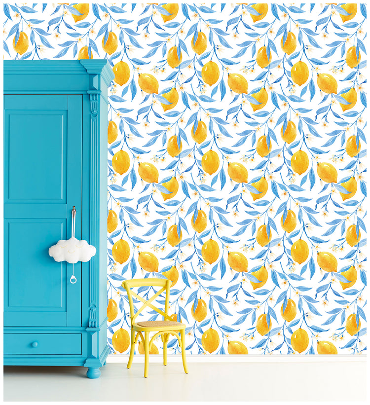 HaokHome 93083 Removable Peel Stick Wallpaper Lemon Fruit Flower Yellow/Blue Stick On Contact Wall Paper for Home Decor