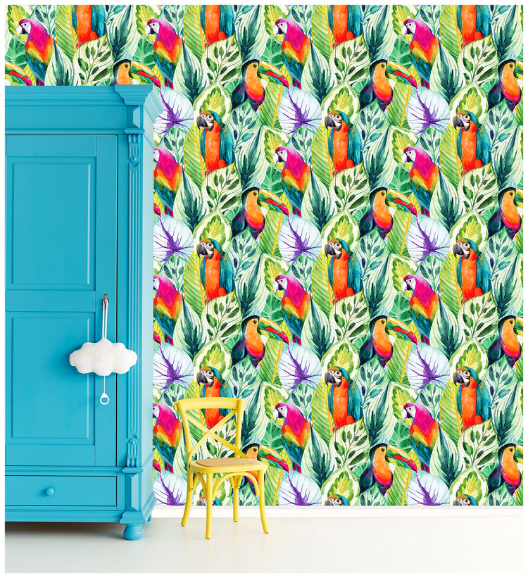 Peel and Stick Wallpaper Rainforest Parrot Palm Leaves Green Removable Wallpaper Rolls for Accent Wall Decor
