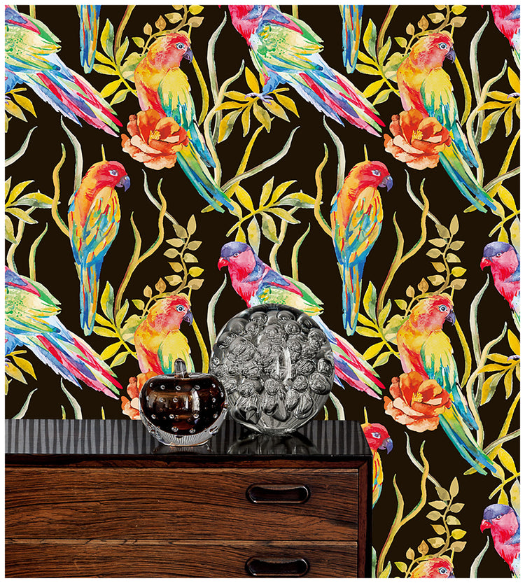 Parrot Peel and Stick Wallpaper Black Vintage Tropical Birds Wallpaper Removable Contact Wallpaper