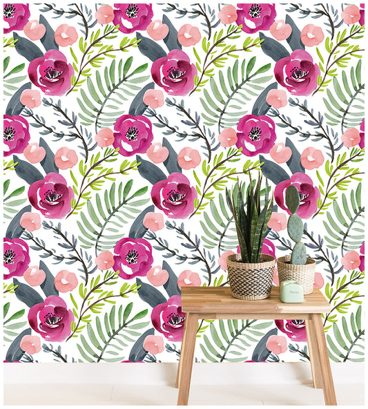 HaokHome  93122 Watercolor Rose Floral Peel and Stick Wallpaper Floral Removable wallpaper