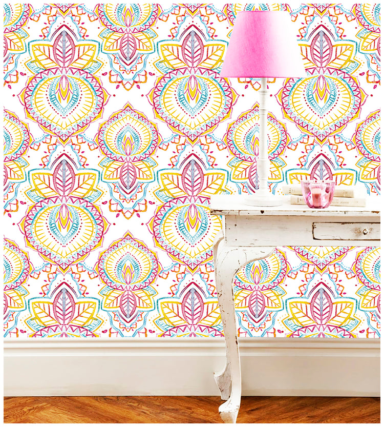 Watercolor Abstract Wallpaper Paisley Damask Wallpaper Peel and Stick for Kids Rooms Decor Pink Yellow