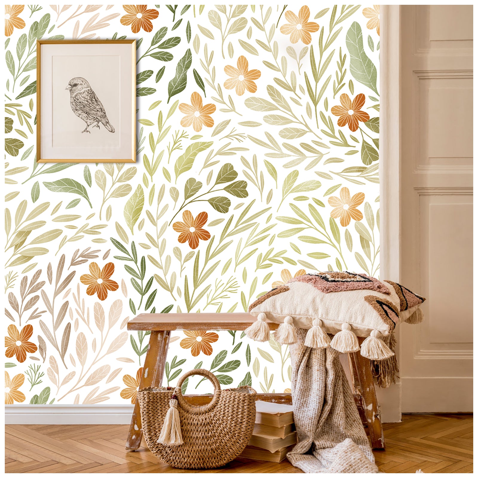 HaokHome 93241 Leaves Boho Peel and Stick Wallpaper Removable Self Adhesive Wallpaper