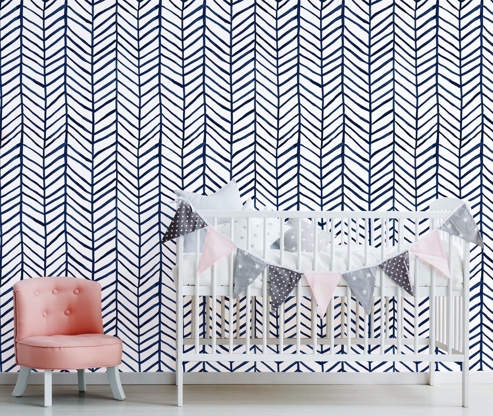 Modern Stripe Peel and Stick Wallpaper for Bedroom Herringbone Navy Blue Vinyl Removable Decoration