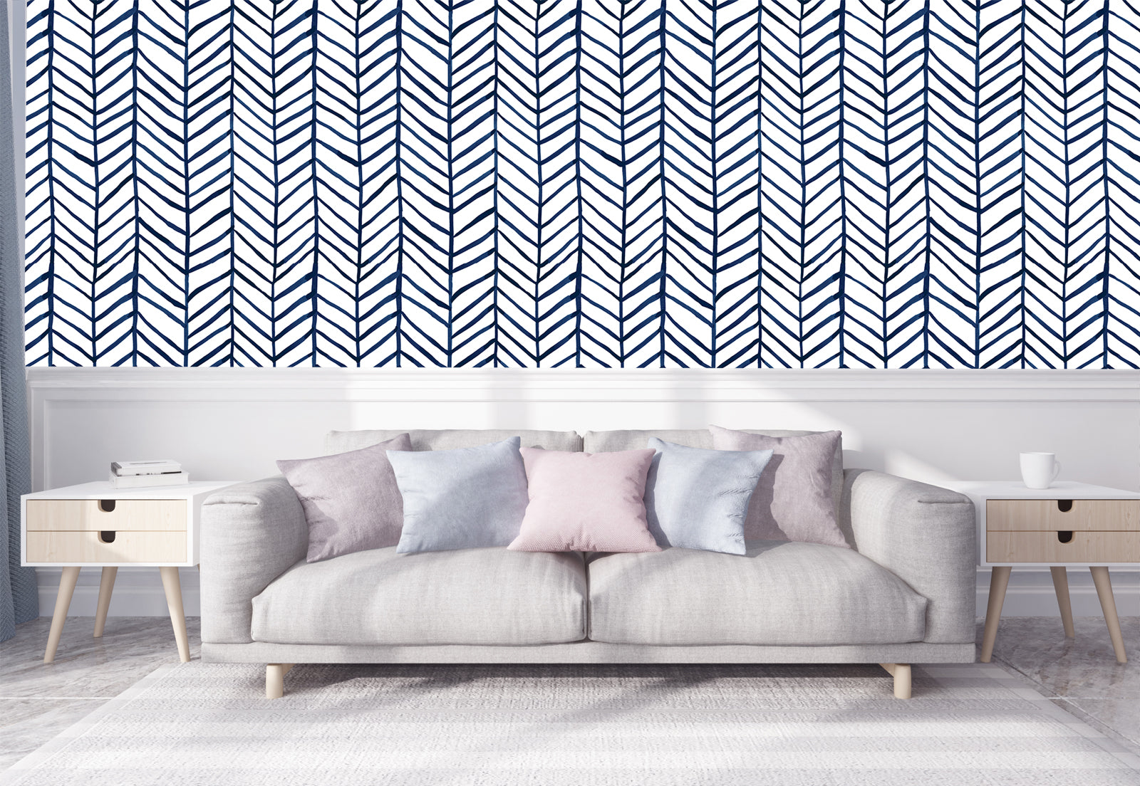 Modern Stripe Peel and Stick Wallpaper for Bedroom Herringbone Navy Blue Vinyl Removable Decoration