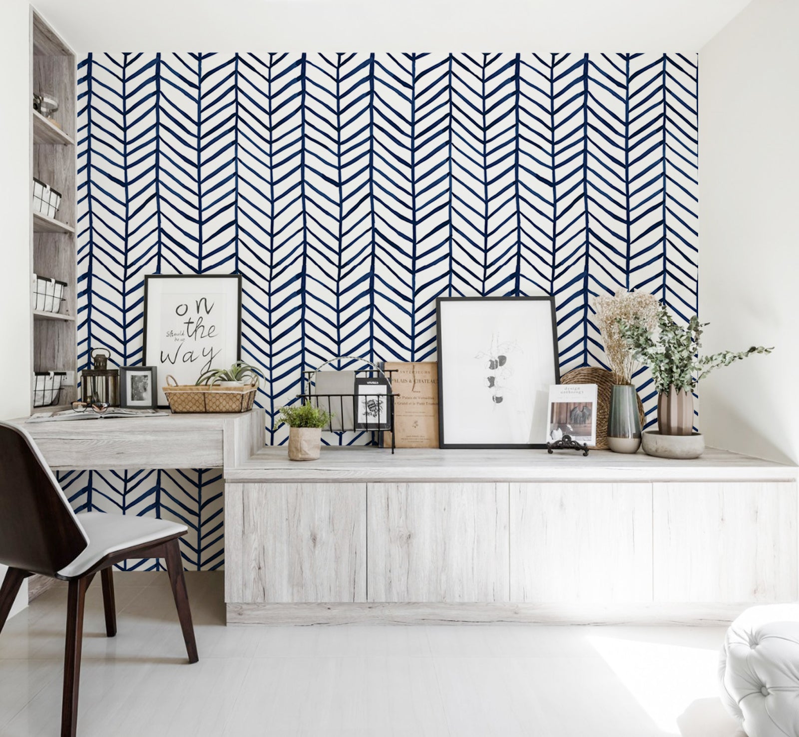 Modern Stripe Peel and Stick Wallpaper for Bedroom Herringbone Navy Blue Vinyl Removable Decoration