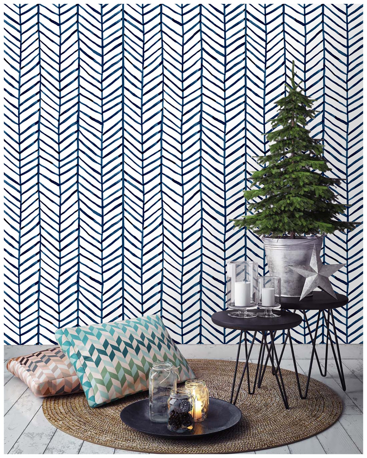 Modern Stripe Peel and Stick Wallpaper for Bedroom Herringbone Navy Blue Vinyl Removable Decoration