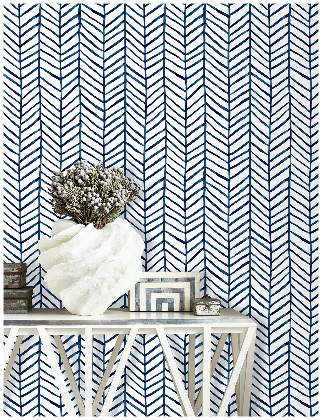 Modern Stripe Peel and Stick Wallpaper for Bedroom Herringbone Navy Blue Vinyl Removable Decoration