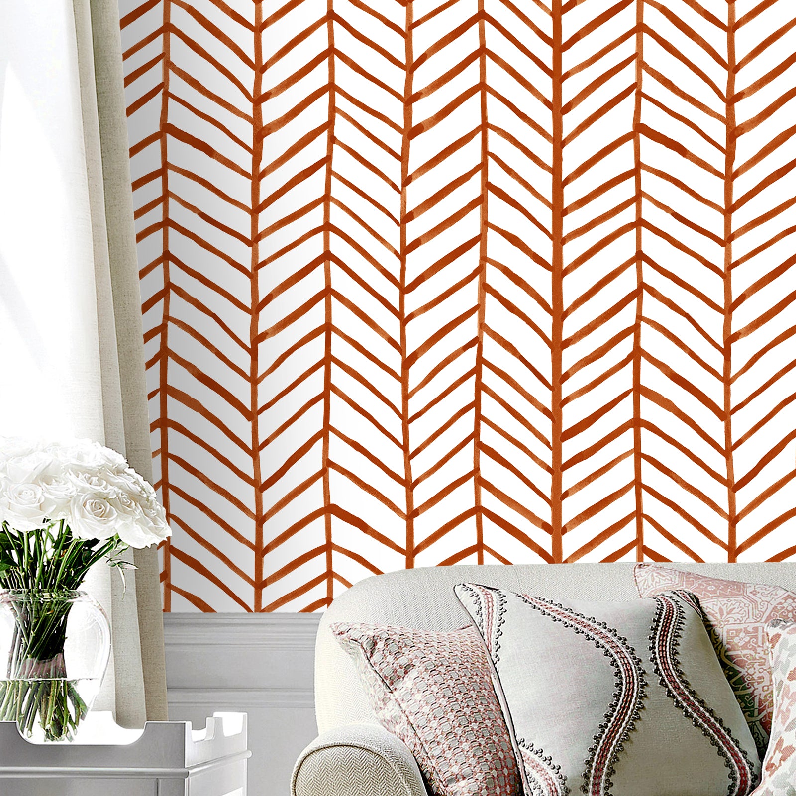 Modern Striped Peel and Paste Wallpaper Herringbone Orange Vinyl self-Adhesive Decoration