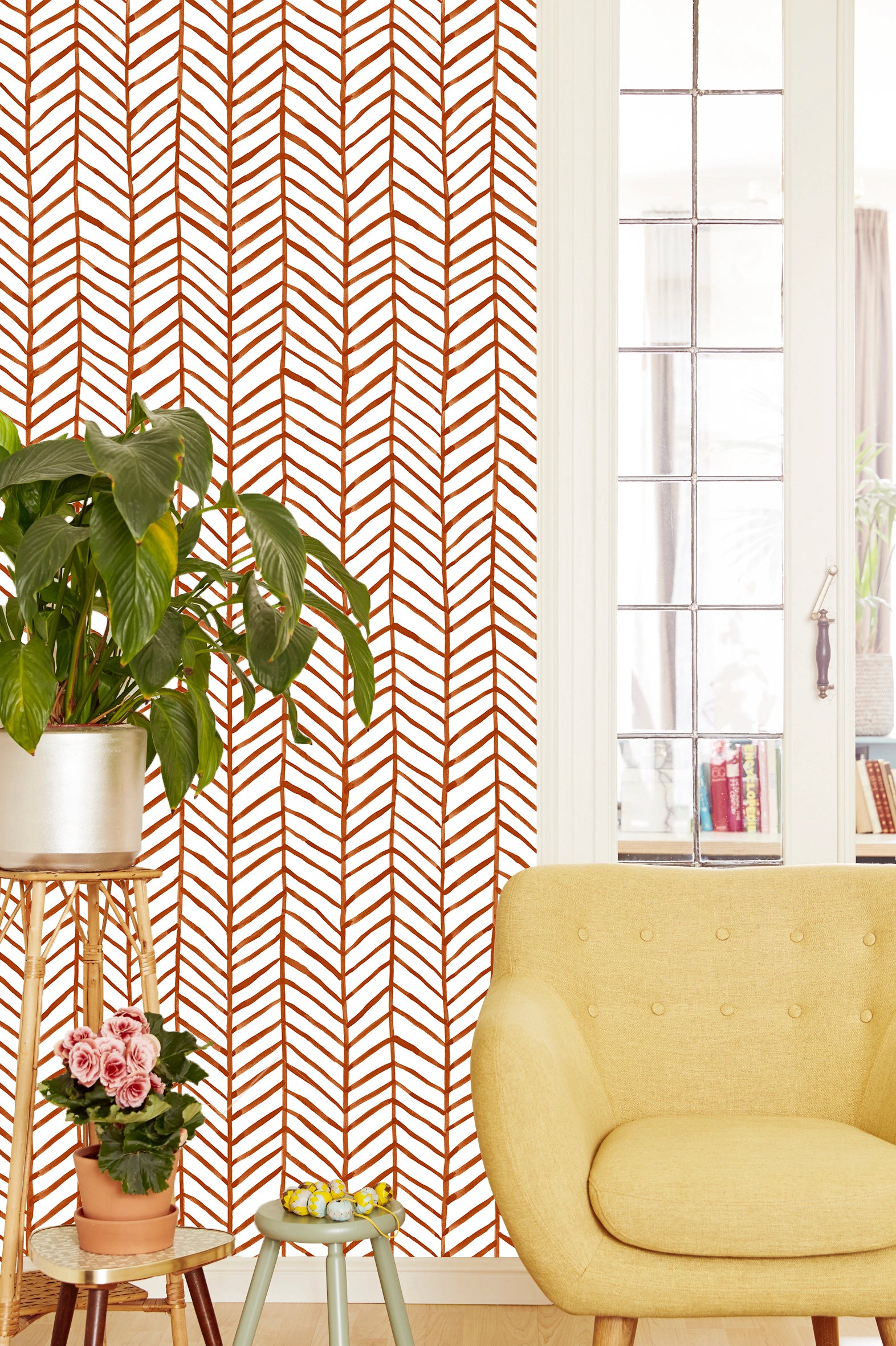 Modern Striped Peel and Paste Wallpaper Herringbone Orange Vinyl self-Adhesive Decoration