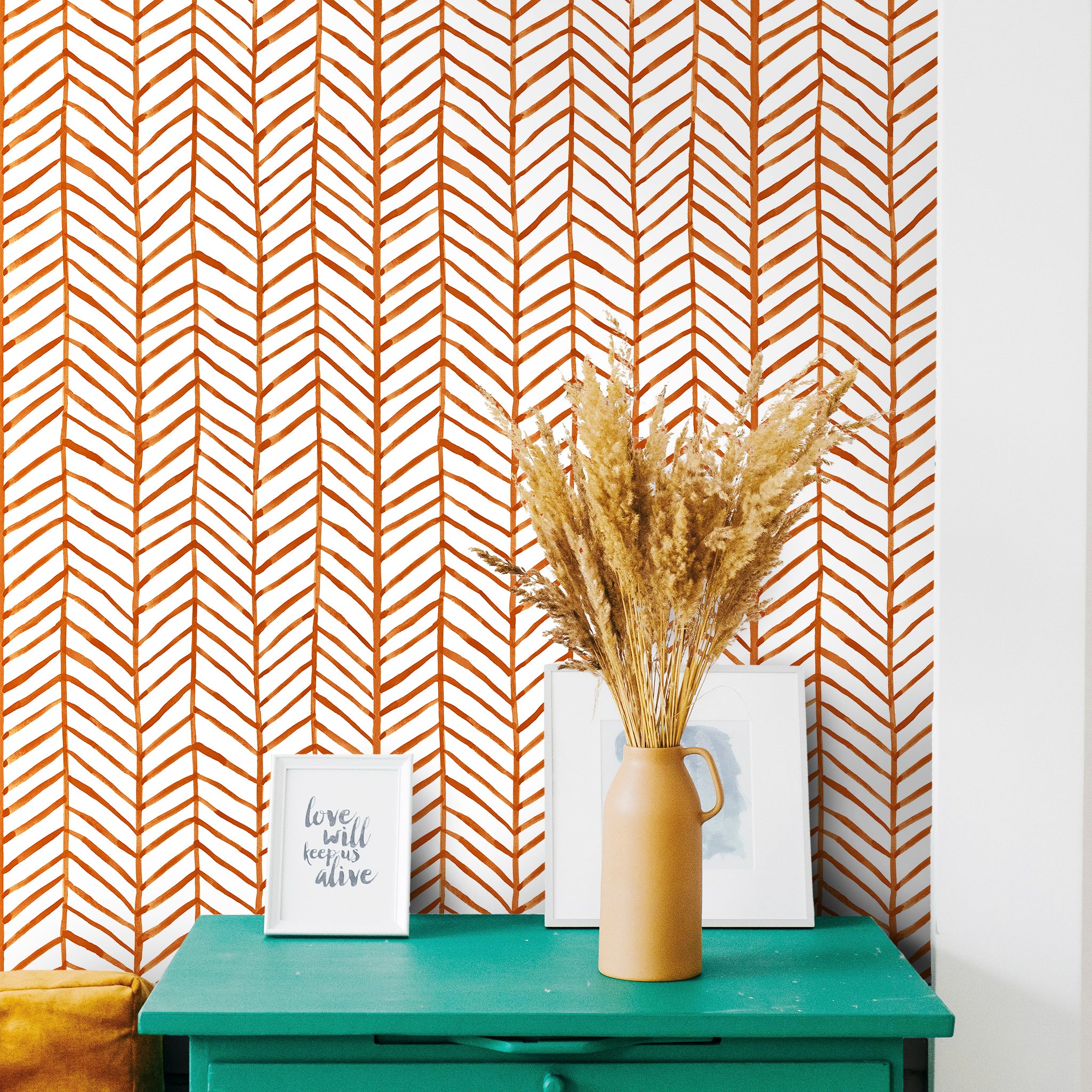 Modern Striped Peel and Paste Wallpaper Herringbone Orange Vinyl self-Adhesive Decoration