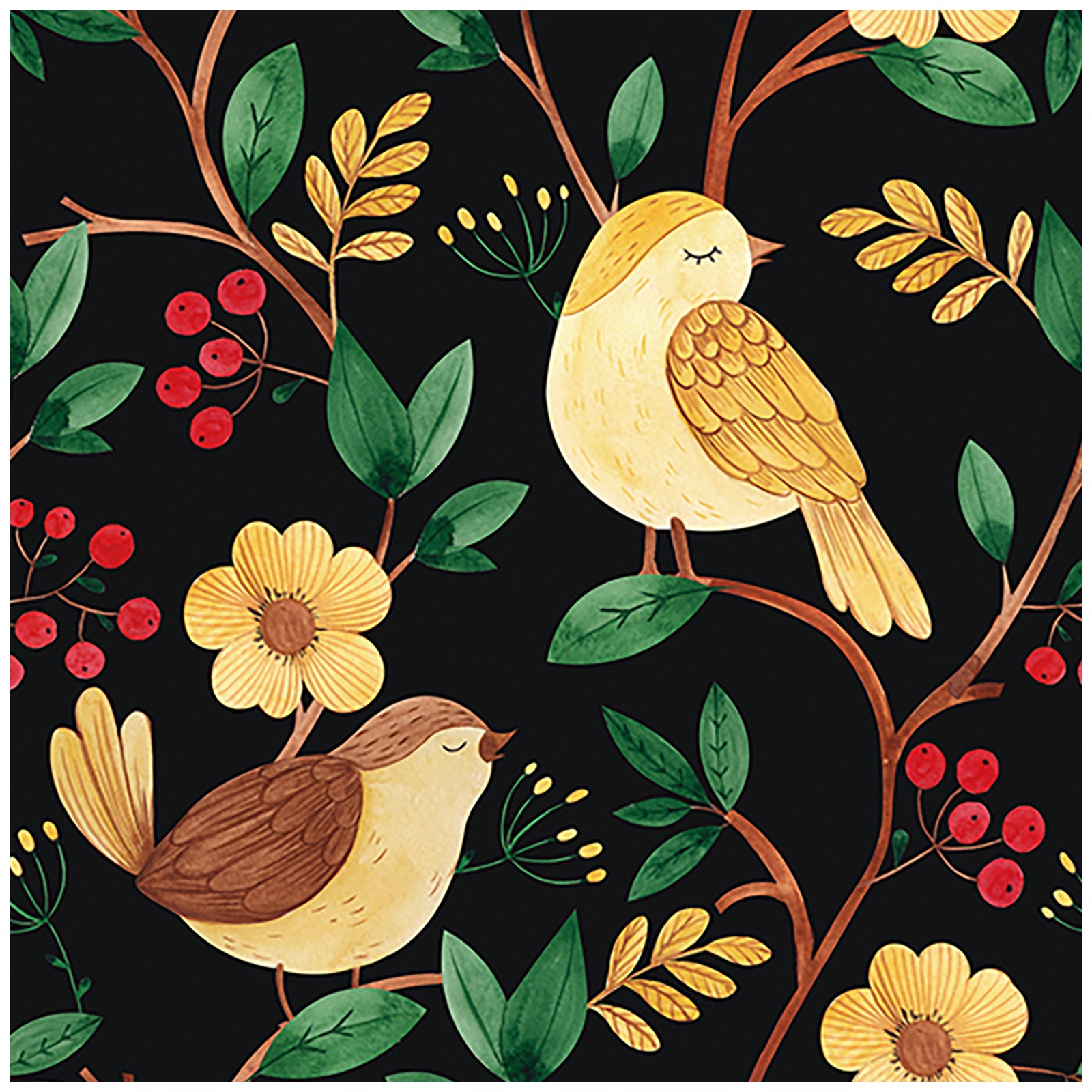 HaokHome 93057 Peel Stick Wallpaper Cartoon Forest Birds Floral Black Multicolor Removable Contact Wall Paper for Livingroom Bedroom Bathroom Decoration