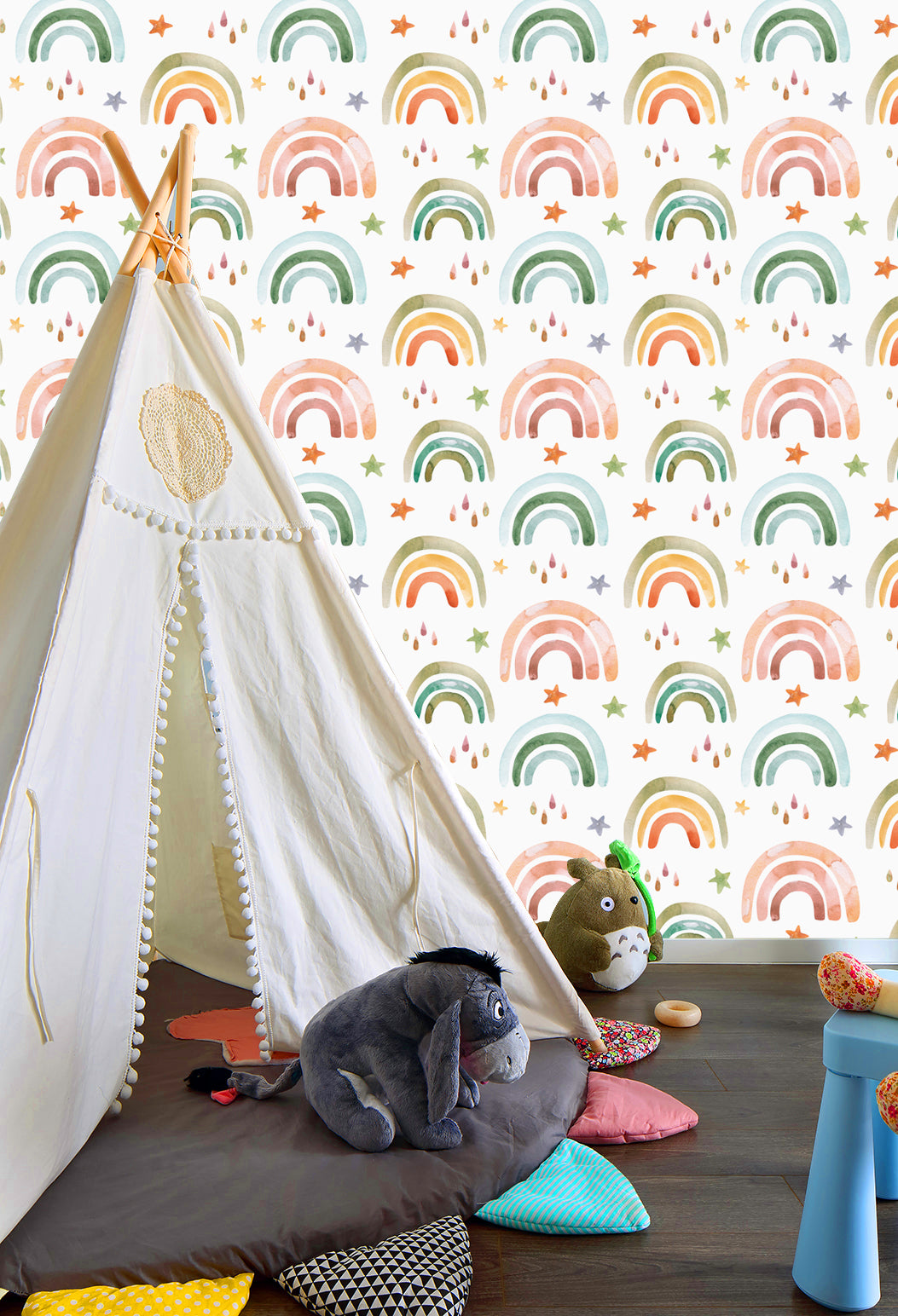 HAOKHOME 99027 Peel and Stick Rainbow Wallpaper Cute Raindrop Stars White/Orange/Green Removable for Nursery Kids Bedroom Decor