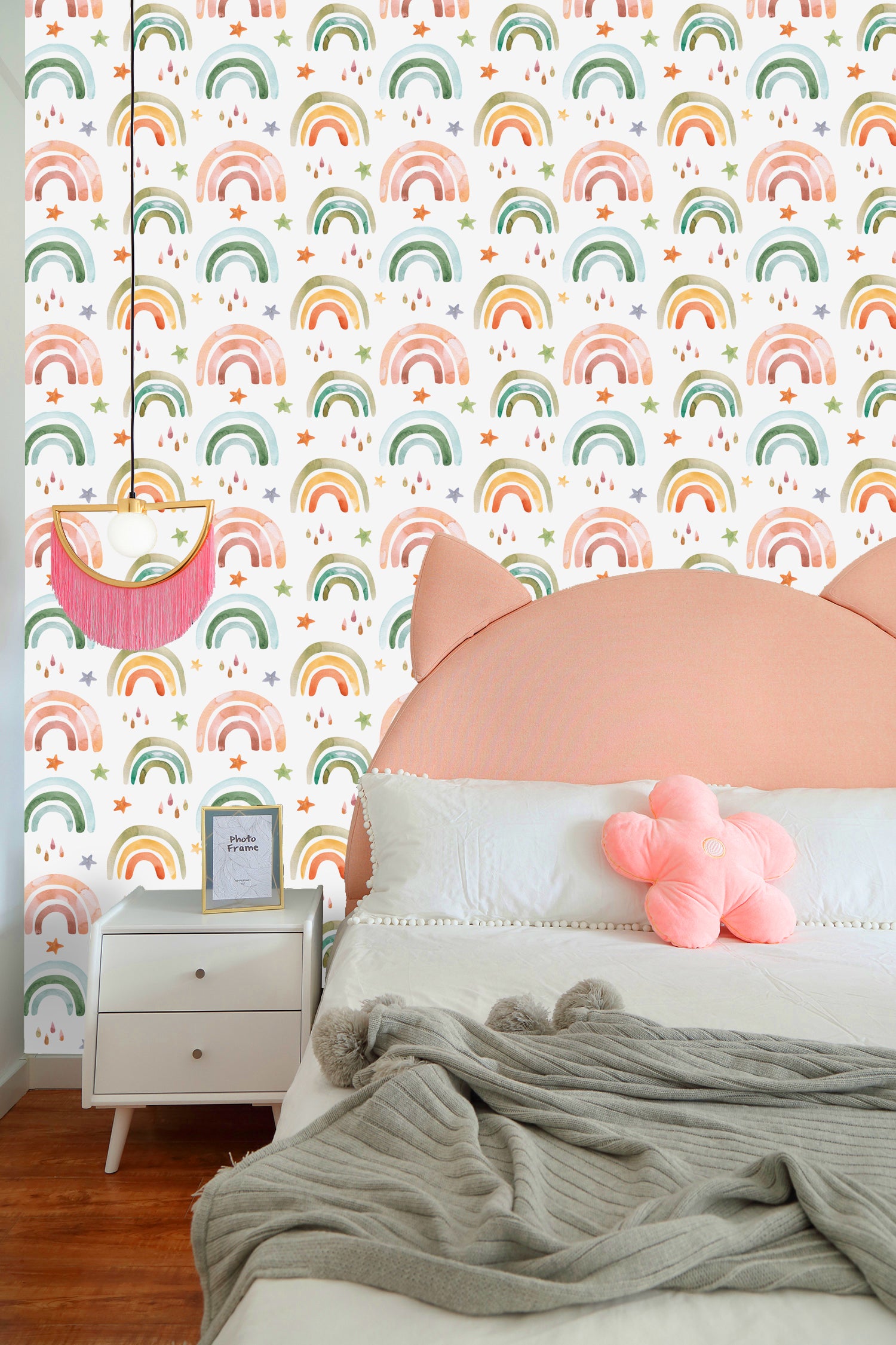 HAOKHOME 99027 Peel and Stick Rainbow Wallpaper Cute Raindrop Stars White/Orange/Green Removable for Nursery Kids Bedroom Decor