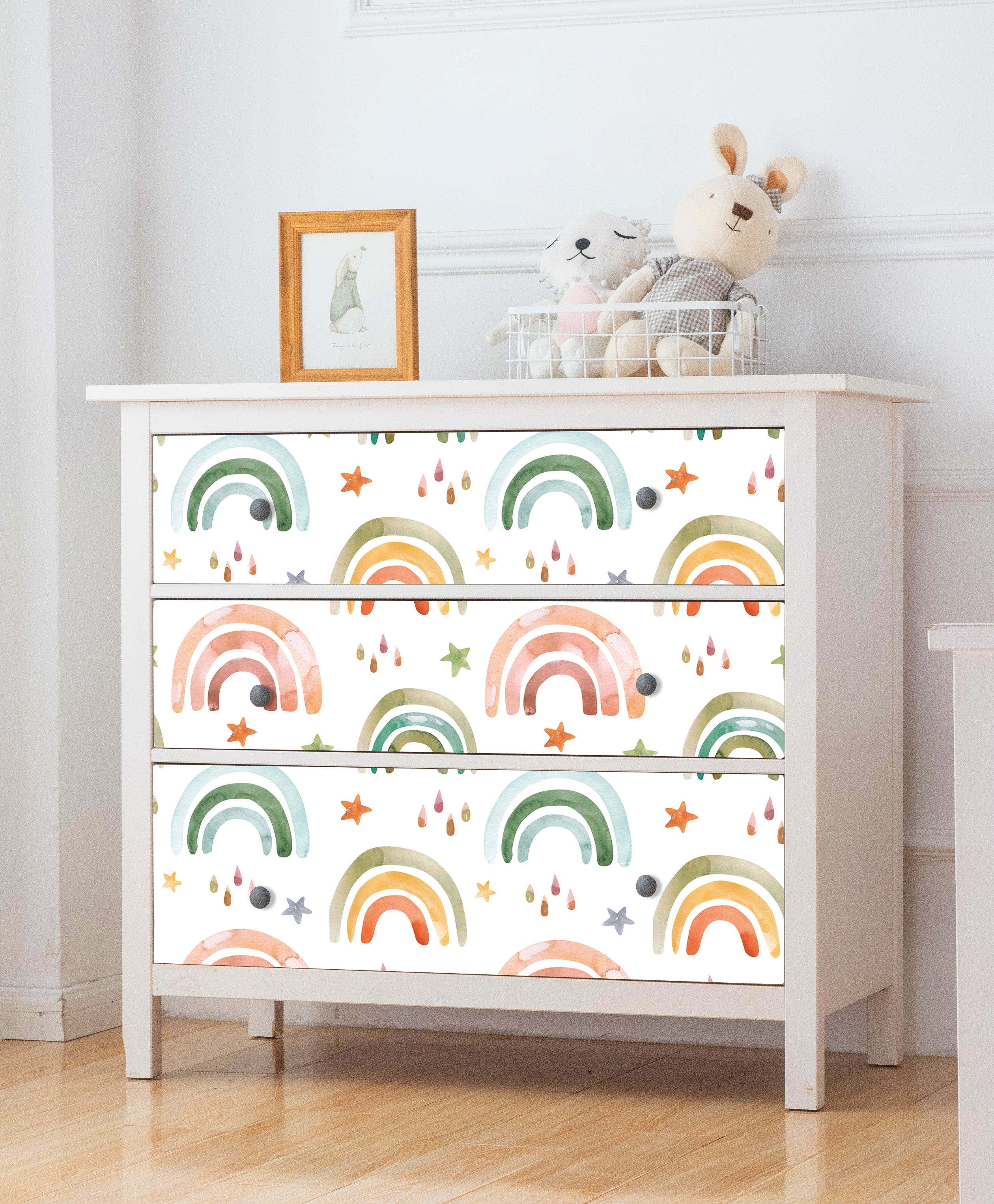 HAOKHOME 99027 Peel and Stick Rainbow Wallpaper Cute Raindrop Stars White/Orange/Green Removable for Nursery Kids Bedroom Decor