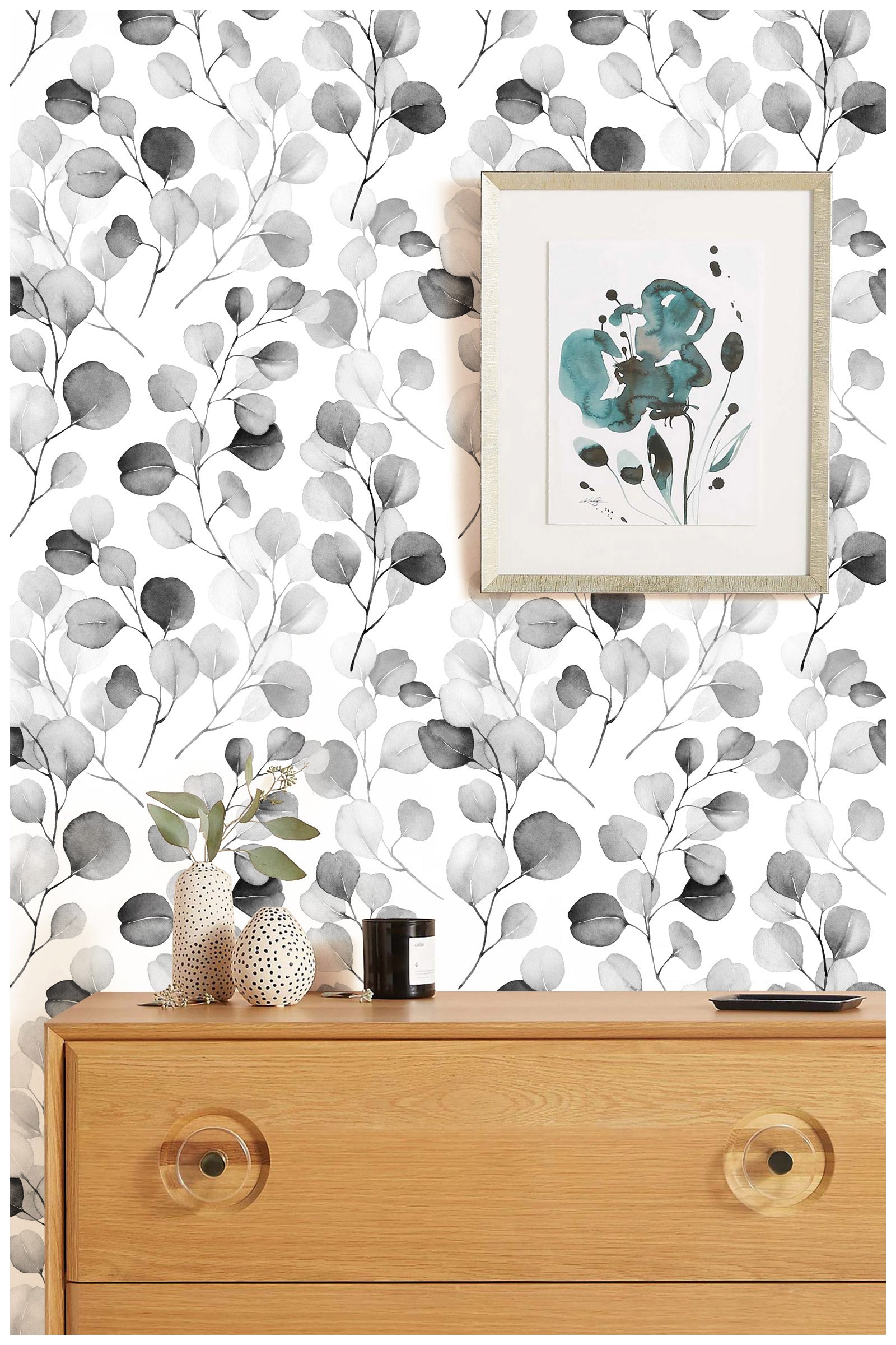 HAOKHOME 93044-2 Peel and Stick Wallpaper Black/Grey/White Eucalyptus Leaf Floral Wall Mural Home Nursery Decor