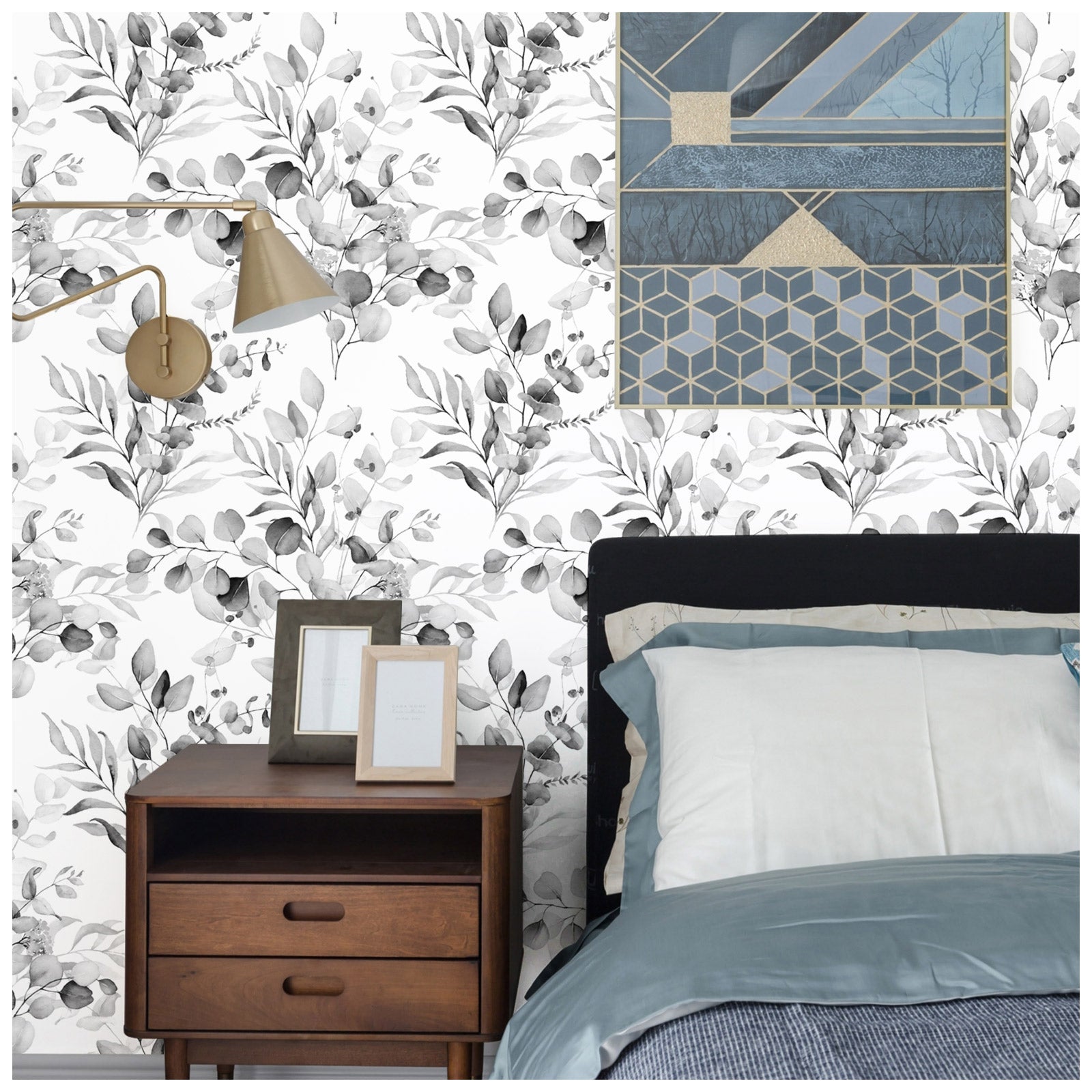 HAOKHOME 93042-2 Peel and Stick Wallpaper Boho Black/Grey/White Eucalyptus Leaf Floral Wall Mural Home Nursery Boho Contact Paper