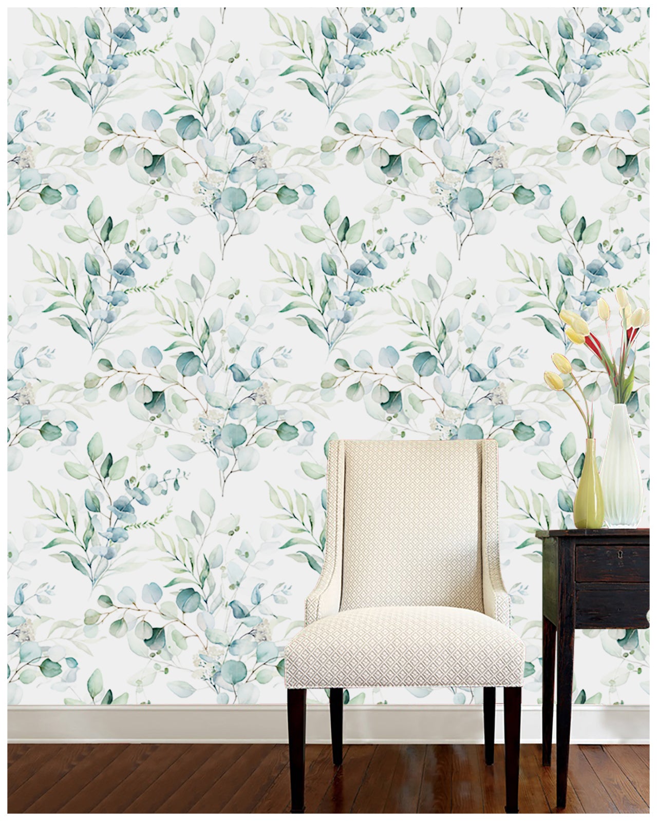 HAOKHOME 93042 Peel and Stick Wallpaper Boho Green/White Eucalyptus Leaf Floral Wall Mural Home Nursery Decor Renter Friendly Wallpaper
