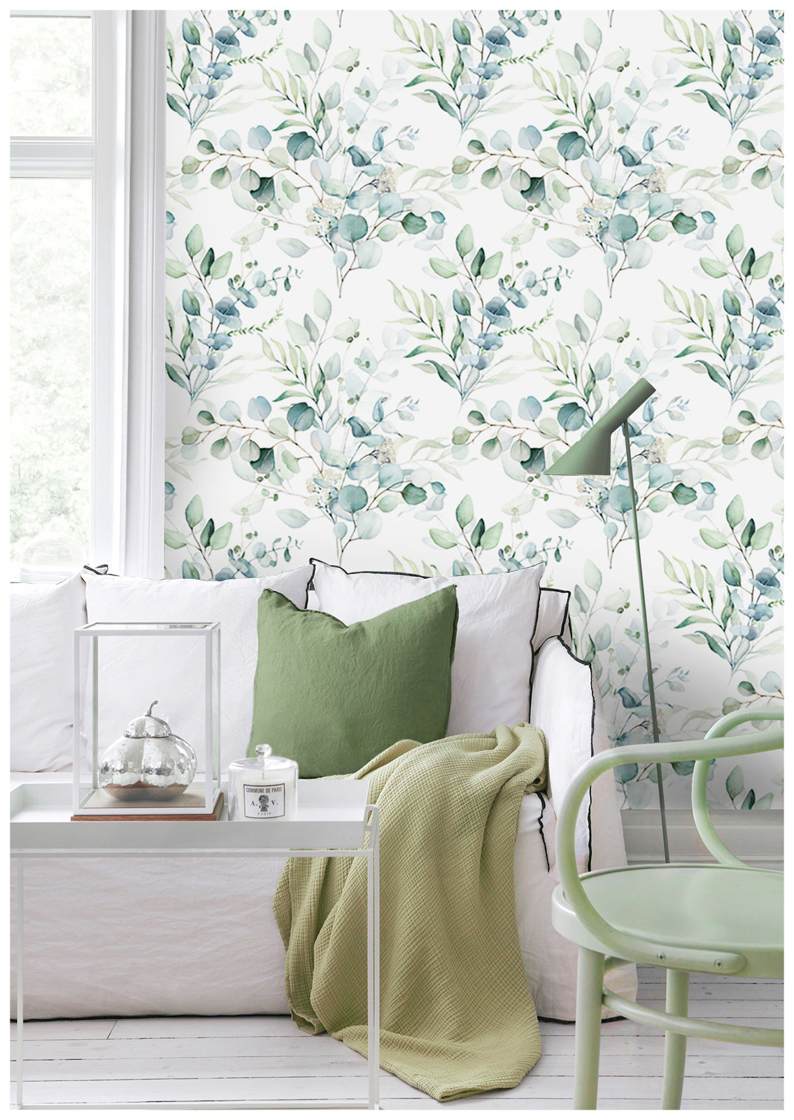 HAOKHOME 93042 Peel and Stick Wallpaper Boho Green/White Eucalyptus Leaf Floral Wall Mural Home Nursery Decor Renter Friendly Wallpaper