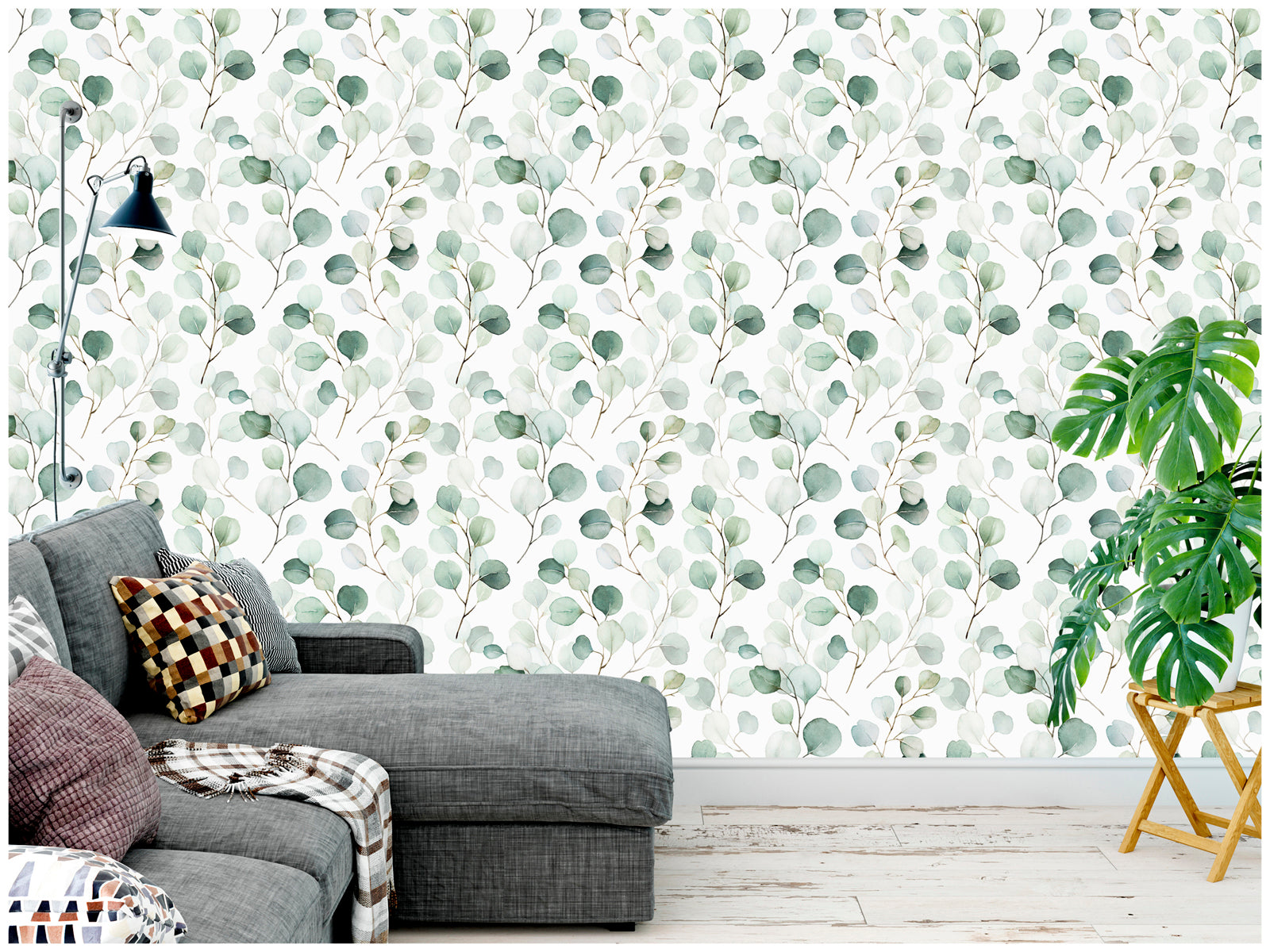 HAOKHOME 93044 Peel and Stick Wallpaper Boho Green/White Eucalyptus Leaf Wall Mural Home Nursery Bathroom Decor