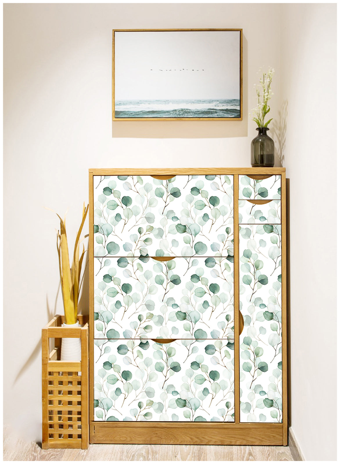 HAOKHOME 93044 Peel and Stick Wallpaper Boho Green/White Eucalyptus Leaf Wall Mural Home Nursery Bathroom Decor