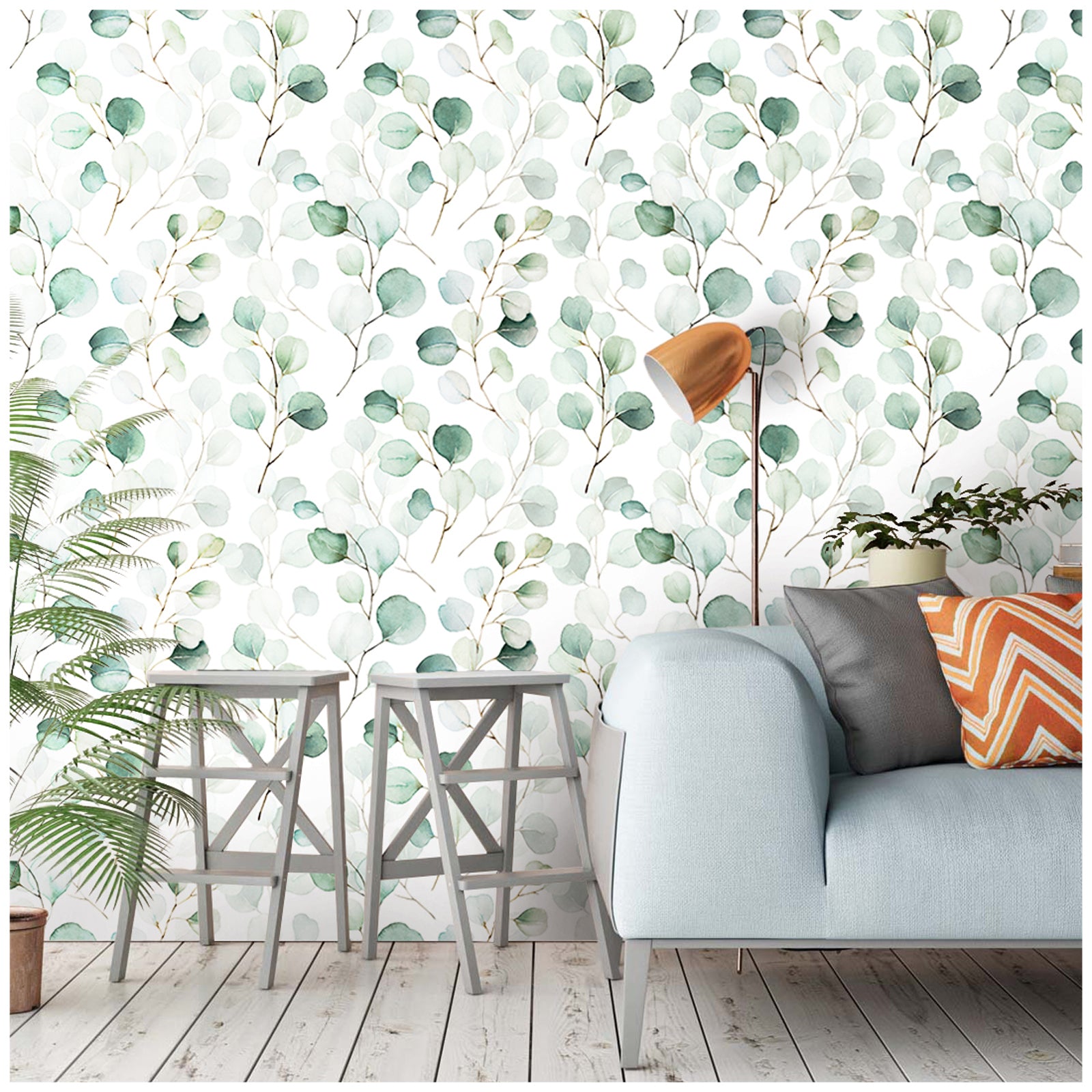 HAOKHOME 93044 Peel and Stick Wallpaper Boho Green/White Eucalyptus Leaf Wall Mural Home Nursery Bathroom Decor