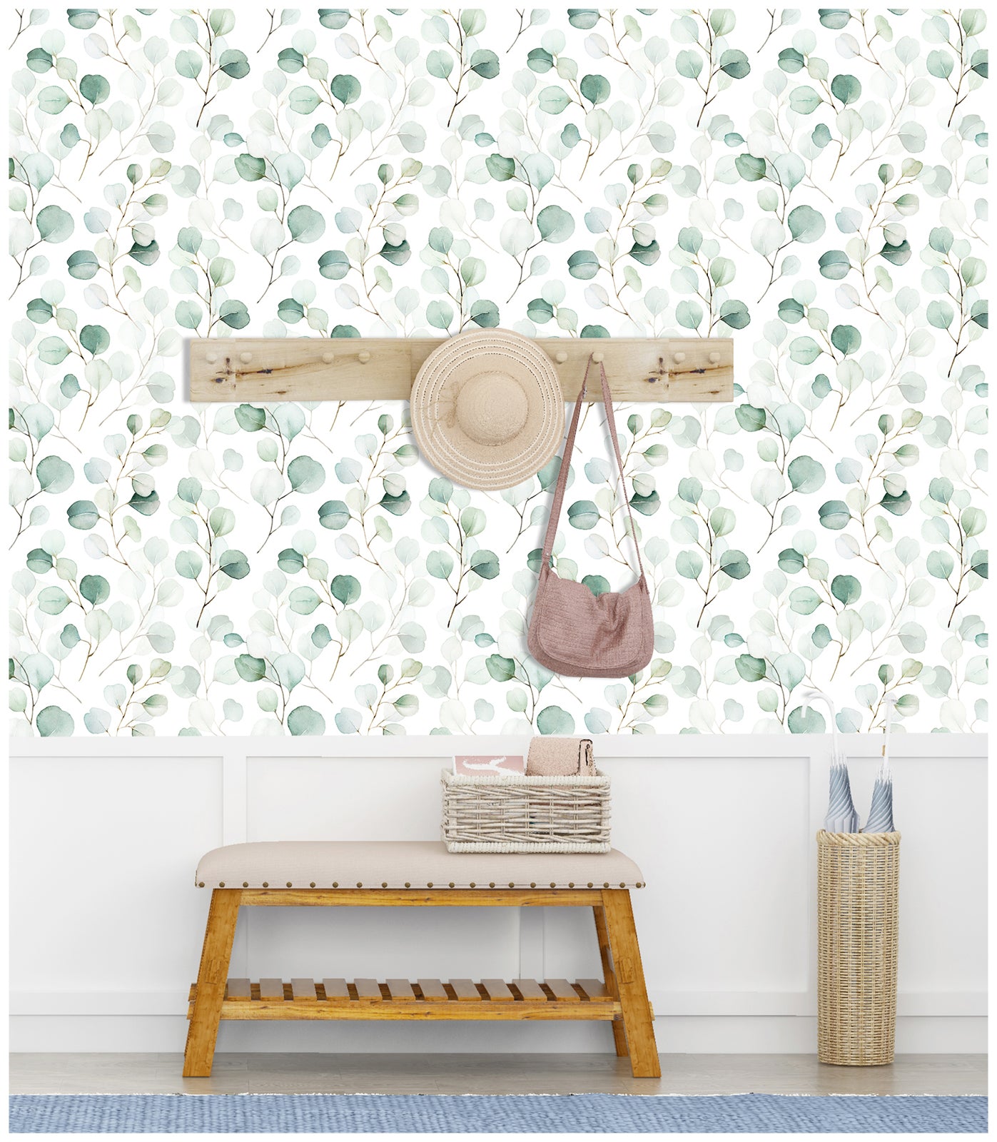 HAOKHOME 93044 Peel and Stick Wallpaper Boho Green/White Eucalyptus Leaf Wall Mural Home Nursery Bathroom Decor